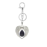 Silver Angel Wings Heart Keyring - Natural Stone Teardrop Crystal Keychain for Purse, Backpack, Handbag, Car Keys