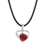 Natural Crystal Hollow Heart Pendant Necklace, Gemstone Charm with Black Rope for Women