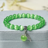 8MM Mystical Cat's Eye Stone Beaded Bracelets with Silver Leaf Accent Healing Elegant Inspired Jewelry