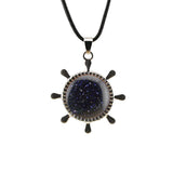 Nautical Ship Wheel Cord Necklace • Casual Silver Mariner Helm Pendant with Natural Gemstone Sphere • Unisex Rugged Black Leather Rope Jewelry
