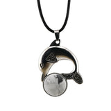 Bohemian Silver Marine Dolphin Cord Necklace • Cute Sea Animal Crystal Sphere Holder Pendant • Unisex Surf Coastal Beach Wear Jewelry Gift