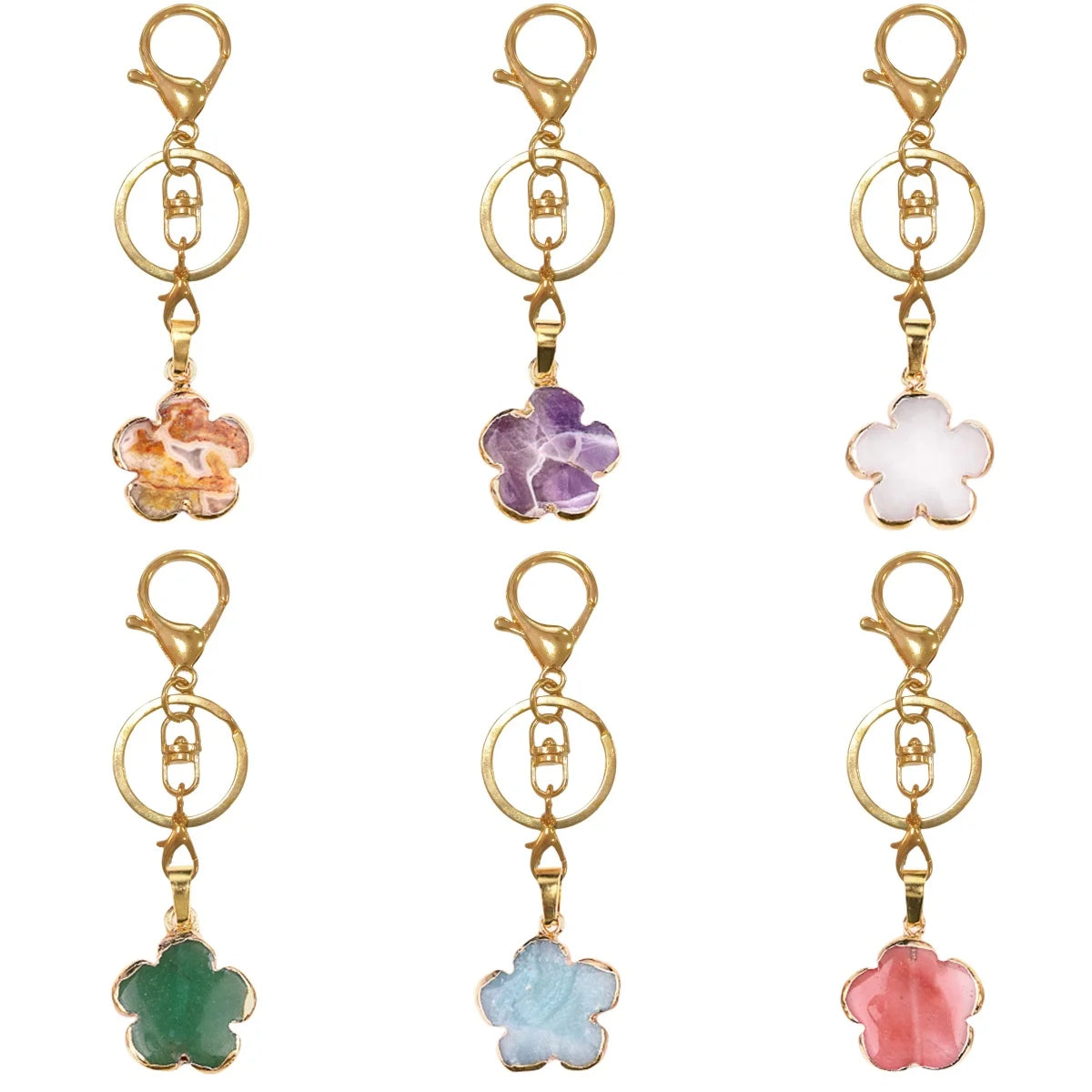 Natural Crystal Flower Keychain Gold Plated Healing Stone Keyring Flower Pendant Bag Charm for Women Jewelry Gift