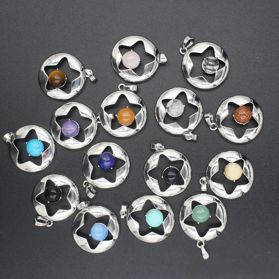 Star Hollow Natural Crystal Stone Locket Pendant, Openable Round Star Gemstone Charms Necklace, Healing Crystal Jewelry for Women Gift