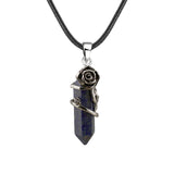 Vintage Rose Wrapped Crystal Pendant Necklace • Hexagonal Bullet Stone Charm • Boho Black Cord Healing Quartz Spiritual Jewelry