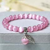 8MM Mystical Cat's Eye Stone Beaded Bracelets with Silver Leaf Accent Healing Elegant Inspired Jewelry