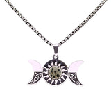 Stainless Steel Triple Moon Goddess Necklace with Celtic Knot - Natural Tiger's Eye Sun Pendant - Wiccan Pagan Spiritual Jewelry for Men & Women