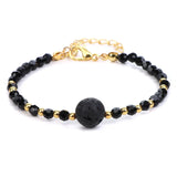 4mm Faceted Black Crystal Beaded Bracelet with 10mm Natural Stone Center Bead Gold Plated Adjustable Extension Chain Chakra Healing Bracelet for Women