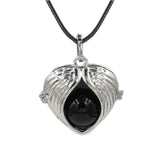 Angel Wing Heart Crystal Ball Pendant Necklace Silver Plated Natural Round Stone Chakra Healing Black Wax Cord Necklace for Women