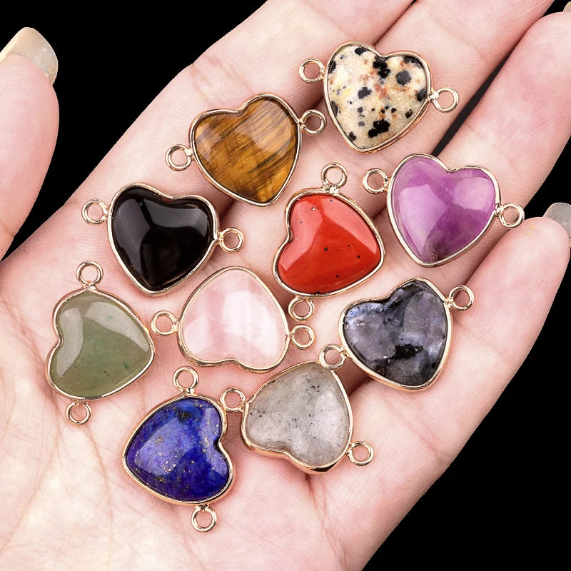 13MM Gemstone Heart Pendant Connector for Making Jewelry Wrapped Gold Plated