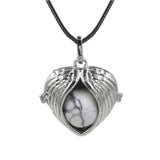 Angel Wing Heart Crystal Ball Pendant Necklace Silver Plated Natural Round Stone Chakra Healing Black Wax Cord Necklace for Women