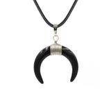 Natural Crystal Double Horn Crescent Moon Pendant, Wire Wrapped Cattle Horn Shape Stone Pendant 33x30mm, Healing Reiki Gemstone Necklace Pendant with Leather Cord for Jewelry Making Boho Gift
