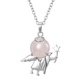 Angel Holding Natural Crystal Ball Pendant Necklace, Silver‑Plated Metal Angel Figurine Spherical Gemstone Charm Reiki Healing Spiritual Jewelry for Women Gift
