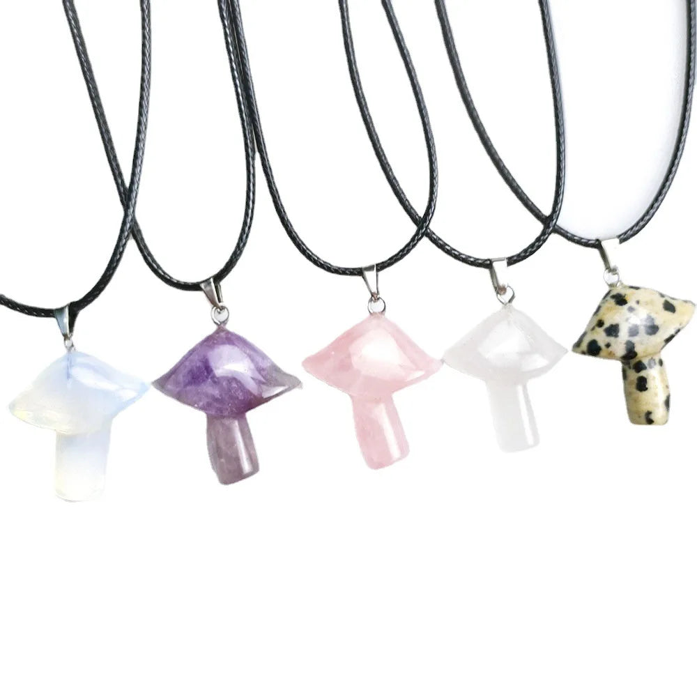 23×28mm Natural Crystal Mushroom Pendant Necklace, Healing Gemstone Umbrella Charm for Women