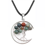 Crescent Moon Tree of Life Pendant Necklace, Natural Crystal Gemstone Chakra Healing Stone Necklace, Handmade Wire Wrapped Crystal Life Tree Jewelry Gift for Women