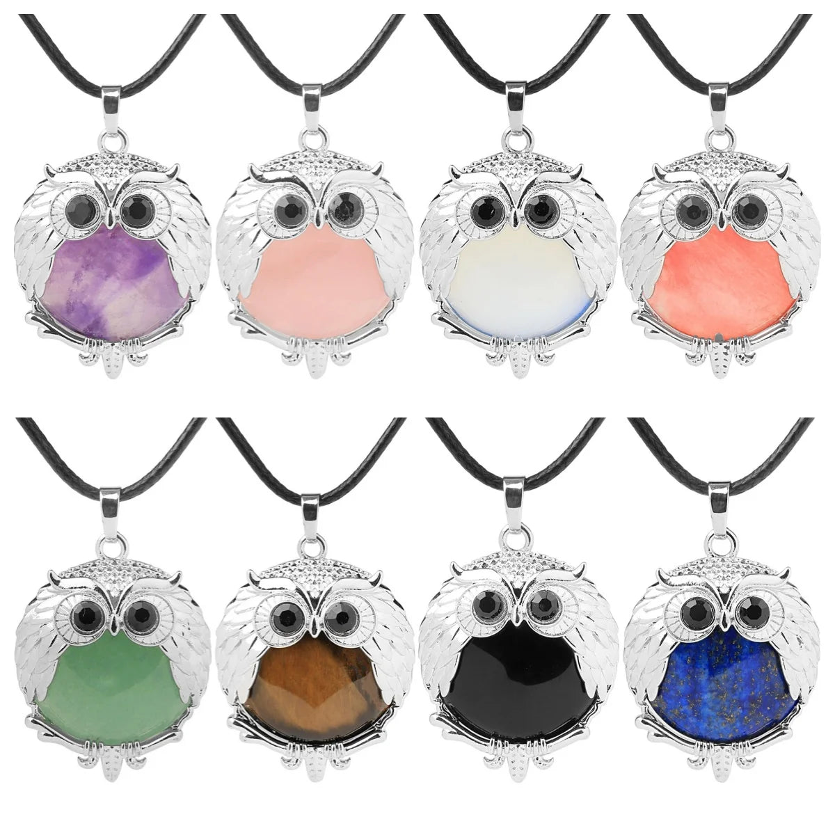 Silver Owl Gemstone Necklace 45CM Black Cord #SN1758 -28X36mm Bird Pendant Choker Jewelry