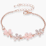 Elegant Five-Petal Flower Bracelet for Women Rose Gold Silver Plated Cat Eye Stone & Rhinestone Adjustable Bracelet, Wedding Party Jewelry Gift