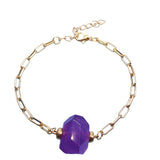 Natural Irregular Gemstone Paperclip Bracelet Adjustable Gold Link Chain with Raw Rose Quartz & Amethyst - Healing Crystal Charm Jewelry for Women & Girls - Gift for Her