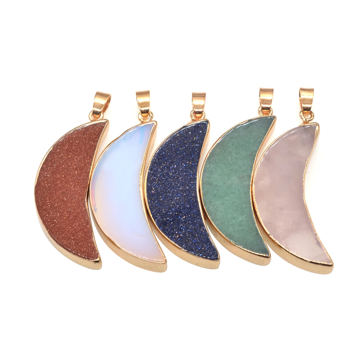 Bohemian Gold‑Trimmed Crescent Moon Gemstone Pendant, Natural Polished Crystal Moon Charm for Handmade Necklace, Multiple Stone Options Spiritual Healing Jewelry Supply