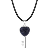 Natural Stone Heart Key Pendant Necklace, Silver Frame Gemstone Charm with Snake Chain for Women Jewelry Making