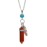 Natural Crystal Point Pendant Necklace with Feather Charm, Hexagonal Gemstone Bullet Point Necklace with Turquoise Bead, Healing Chakra Crystal Jewelry for Women