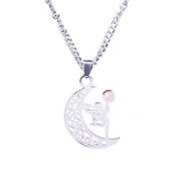 Vintage Stainless Steel Fairy on Moon Pendant Necklace - Natural Amethyst Stone Celestial Jewelry - Whimsical Angel Necklace for Women