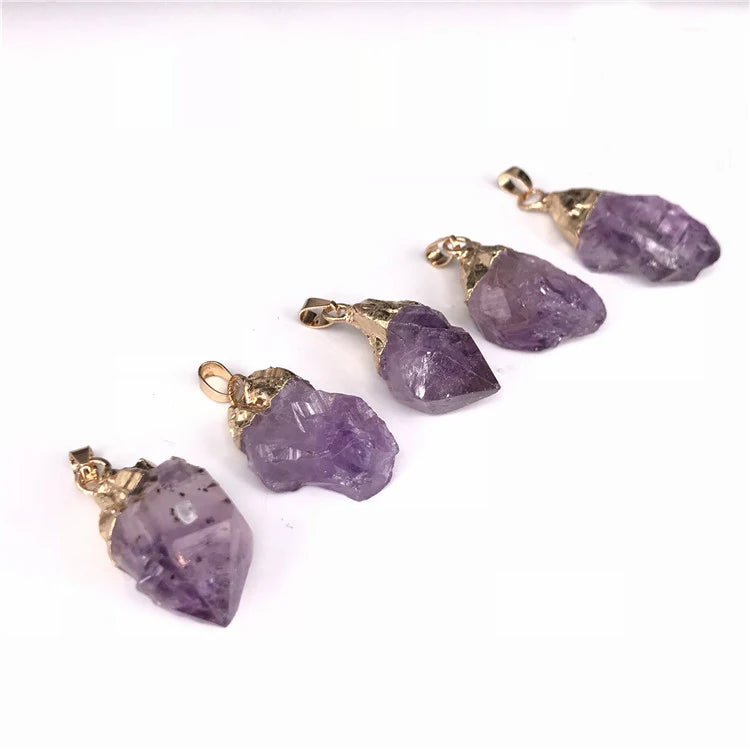 Natural Rough Amethyst Point Pendant Gold Electroplated Cap Raw Crystal Quartz Pendant Reiki Chakra Healing Gemstone Charm for DIY Necklace Jewelry Making