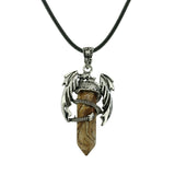 Gothic Winged Dragon Hexagonal Crystal Point Necklace, Vintage Silver Pterosaur Column Pendant, Punk Minimalist Protection Amulet with Black Rope Cord for Men & Women