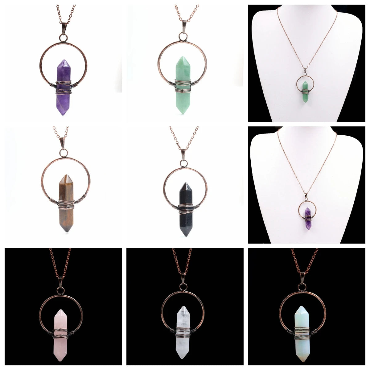 Retro natural crystal hexagonal column Pendant Necklace tiger eye stone winding DIY Necklace Gemstone Pendant Necklace Healing
