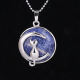 Round Natural Gemstone Pendant Silver Tone Crescent Moon Cat Crystal Charm for DIY Jewelry Making Necklace Craft Supplies