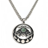 Vintage Moth Moon Phase Necklace - Gothic Stainless Steel Gemstone Amulet - Witchy Celestial Insect Jewelry for Women & Men