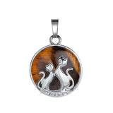 Boho Natural Stone Cat Pendant Necklace, Round Cabochon Gem with Double Cat Metal Overlay, Black Leather Rope Chain Animal Jewelry Gift for Cat Lovers