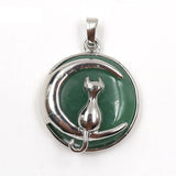 Round Natural Gemstone Pendant Silver Tone Crescent Moon Cat Crystal Charm for DIY Jewelry Making Necklace Craft Supplies