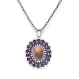 Vintage Stainless Steel Mandala Disc Pendant Necklace - Natural Picture Jasper Stone - Western Retro Flower Pendant for Men & Women