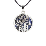 Hamsa Hand Hollow Pendant Necklace, Silver Plated Natural Crystal Inlay Black Wax Cord Protection Necklace for Women