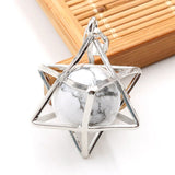 Merkaba Star Cage Natural Sphere Crystal Pendant Necklace, Silver‑Tone Metal Hollow Star Frame with Round Gemstone Bead Reiki Chakra Healing Necklace for Women