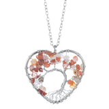 Heart Shaped Tree of Life Pendant Necklace, Natural Chip Gemstone Chakra Crystal Necklace Silver Wire Wrapped Jewelry Gift for Women