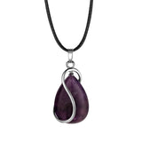 Polished Teardrop Natural Crystal Stone Necklace, Silver Wire Wrapped Gem Pendant with Wax Cord Multi‑Color Variants Chakra Reiki Meditation Neck Jewelry