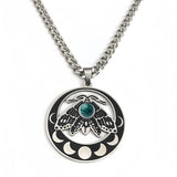 Vintage Moth Moon Phase Necklace - Gothic Stainless Steel Gemstone Amulet - Witchy Celestial Insect Jewelry for Women & Men