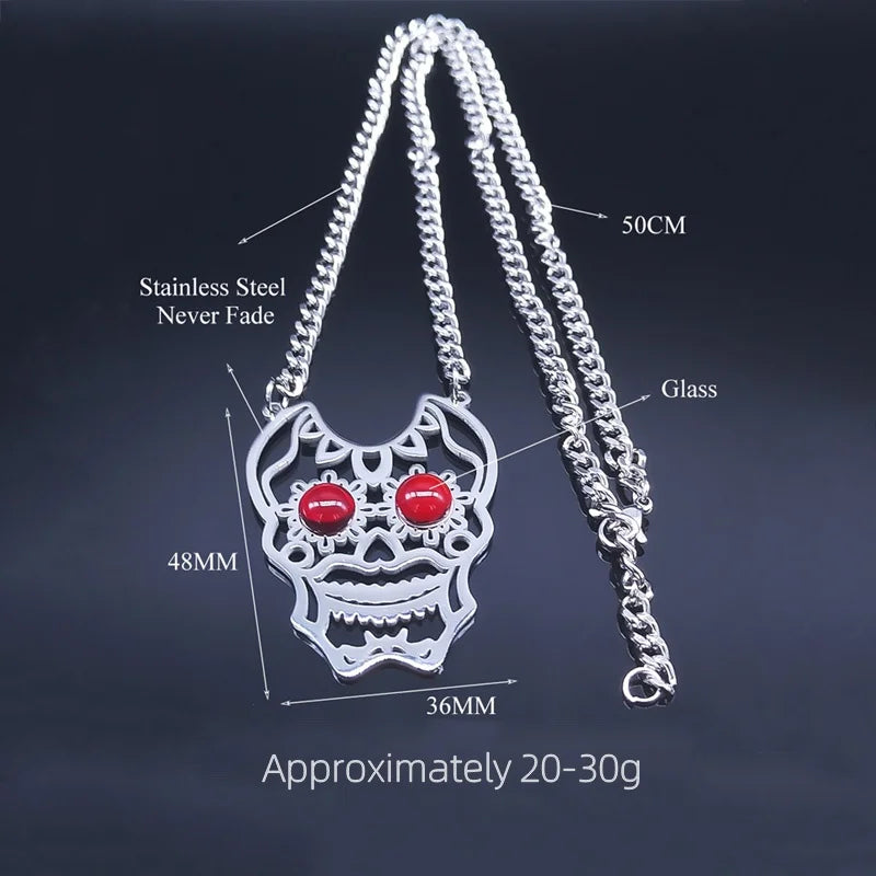 Gemstone Eye Hollowed Skull Pendant Stainless Steel Necklace 50CM Chain  Men & Women
