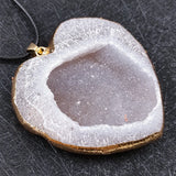 Gold Edged Heart Agate Druzy Pendant, Natural Geode Crystal Heart Charm with Adjustable Wax Cord Necklace for Women