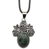 Silver Rose Flower Oval Gemstone Necklace 45CM Black Cord SN1503  10X14mm Stone Cab Pendant Jewelry