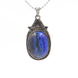 Vintage Antique Silver Oval Natural Gemstone Pendant 30×54mm, Ornate Carved Metal Frame Cabochon Crystal Stone Pendant, Reiki Chakra Healing Charm for DIY Necklace Jewelry Making Bohemian Spiritual Gift