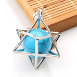 Merkaba Star Cage Natural Sphere Crystal Pendant Necklace, Silver‑Tone Metal Hollow Star Frame with Round Gemstone Bead Reiki Chakra Healing Necklace for Women