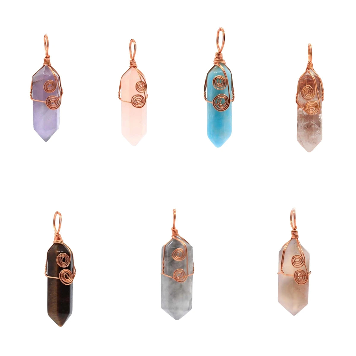 Natural Crystal Hexagonal Point Pendant • Copper Wire Wrapped Double Spiral Crystal Charm • Healing Chakra Gemstone Jewelry Making Accessory