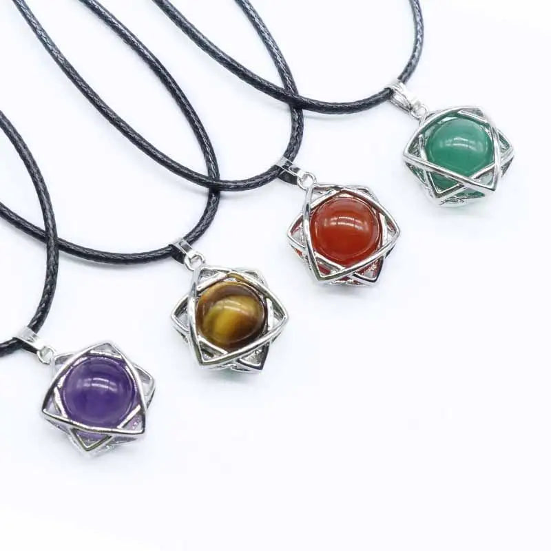 Star of David Natural Crystal Stone Pendant, Merkaba Hexagram Round Gemstone Chakra Reiki Healing Pendant Necklace Jewelry for Women Men Gift
