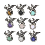 Vintage Silver Winged Dragon Orb Pendant - Epic Fantasy Protective Talisman Natural Gemstone Necklace for Men Women