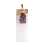 Natural Selenite & Raw Amethyst Pendant | Gold Plated Gypsum Strip Charm for Unisex Crystal Jewelry