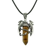 Gothic Winged Dragon Hexagonal Crystal Point Necklace, Vintage Silver Pterosaur Column Pendant, Punk Minimalist Protection Amulet with Black Rope Cord for Men & Women