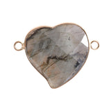 Faceted Gemstone Heart Connector for Jewelry Making 25mm Stone Pendant Links with Double Loops Wrapped with Brass Edge