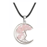 Crescent Moon Tree of Life Pendant Necklace, Natural Crystal Gemstone Chakra Healing Stone Necklace, Handmade Wire Wrapped Crystal Life Tree Jewelry Gift for Women